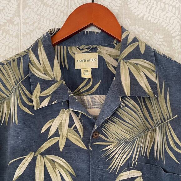 Joseph & Feiss Silk Blue Floral Palm Tropical Camp Collar Button Down Shirt, XXL - Picture 3 of 11